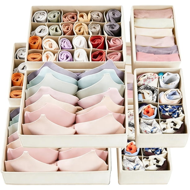 Organizr de Cajones, 8 Set Organizr Ropa Plegable Multifuncional, Organizres de Ropa Interior lavables, Cajas de Almacenamiento para Clasificar Corbatas, Calcetines(8PCS-Blanco Roto)