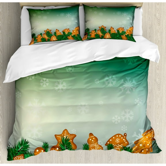 Gingerbread Man Duvet Cover Set, Christmas Background with Xmas Cookies Snowflakes and Fir Branches, Decorative 3 Piece Bedding Set with 2 Pillow Shams, King Size, Green Pale Brown, by Ambesonne