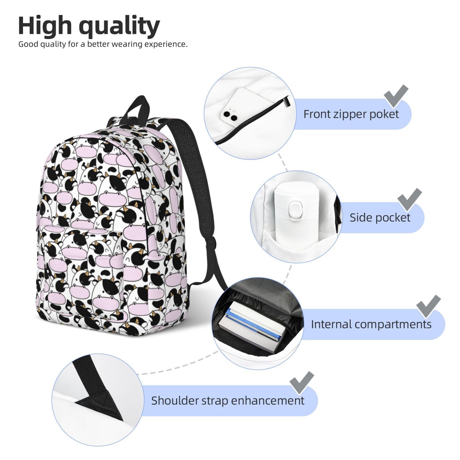 Vsdgher Cute Animal with Cow Print Canvas Backpack Travel Rucksack Unisex Knapsack 15.7/17.7Inch Laptop Backpack for Work,College -Small