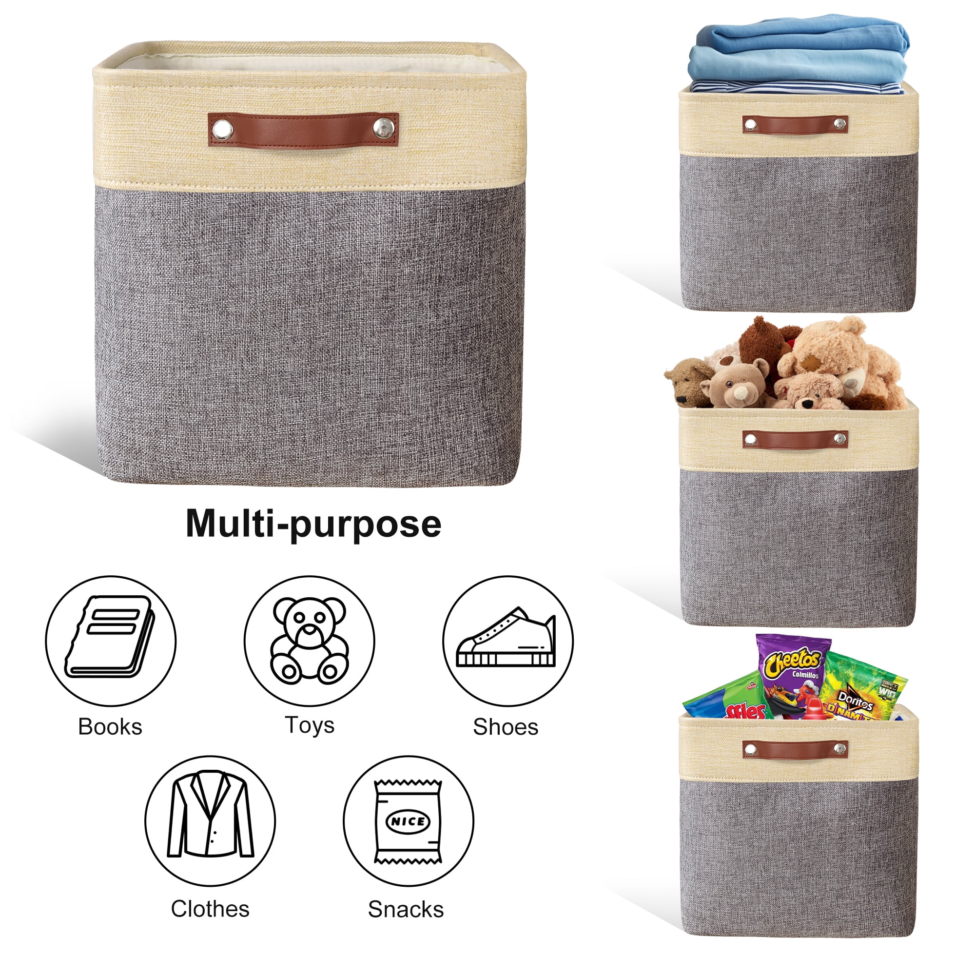 Tegance 13x13 Storage Cubes Baskets 4 Pack Fabric Cube Storage Bins Large Storage Baskets with Leather Handles,Decorative Storage Boxes for Organizing Shelves(GoldGrey)