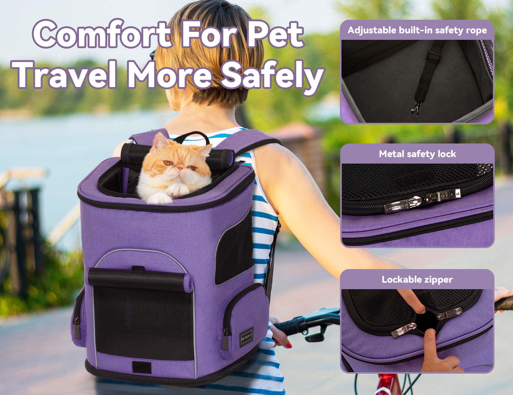 PETSFIT Cat Backpack Carrier with Upgraded Waist Protection,Pet Backpack for Small Dogs and Cats, Ideal for Outdoor Traveling, Hiking, and Camping (Purple)