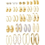 XBage Gold Earrings Set For Women Fashion Silver Hoop Earring Packs Chunky Twisted Pearl Stud Earrings Multipack Small Big Hoops Earring Packs For Birthday Party Gift24/36/48 Pcs)[H6429]