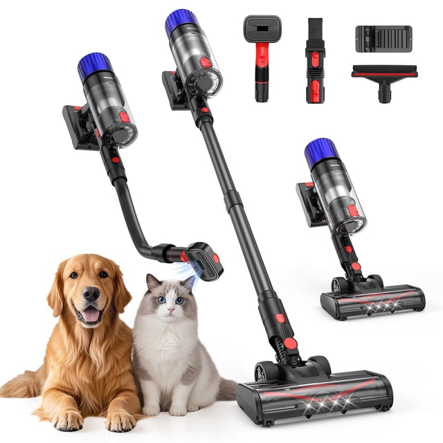 aspirador inalámbrico teendow 500w para pelo de mascotas 50min Aspiradora Teendow con tubo extensor y cabezal motorizado para alfombras y suelos duros; cuerpo transparente con depósito visible, detalles azules y rojos, motor sin escobillas y accesorios intercambiables (boquilla y cepillo). Fondo blanco con un perro y un gato junto al equipo; uso recargable hasta 50 minutos, indicada para recoger pelo suelto de mascotas.