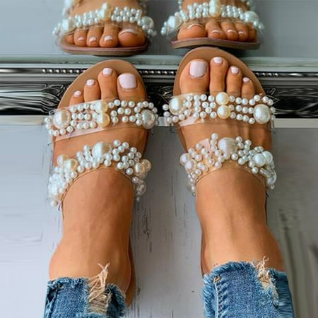 Herrnalise Women s Sandals Flip Flops Beach Slippers Summer Pearl Flat Shoes Women Shoes on Clearance