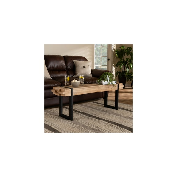 HomeStock Art Nouveau Allure Rustic and Industrial Natural Brown Finished Wood and Black Finished Metal Bench, Sleek Living and Dining Space Bench for Seating, Versatile Living Room Furniture