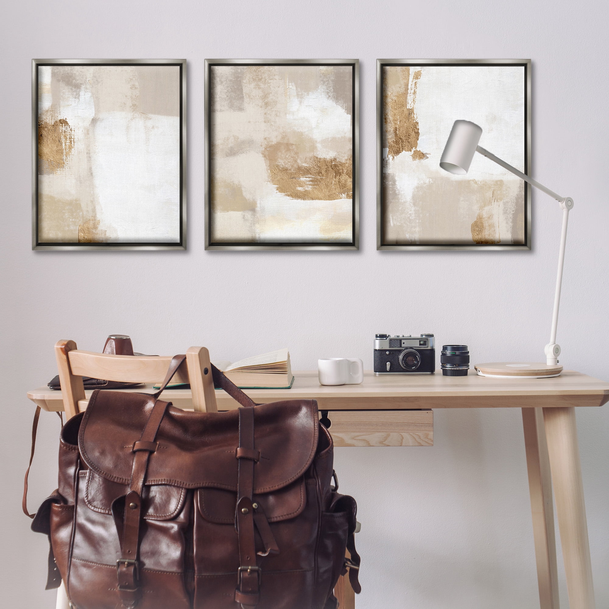Stupell Industries Beige Modern Abstraction Abstract Painting Gray Floater Framed Canvas Art Print Wall Art, 25 x 31, Set of 3