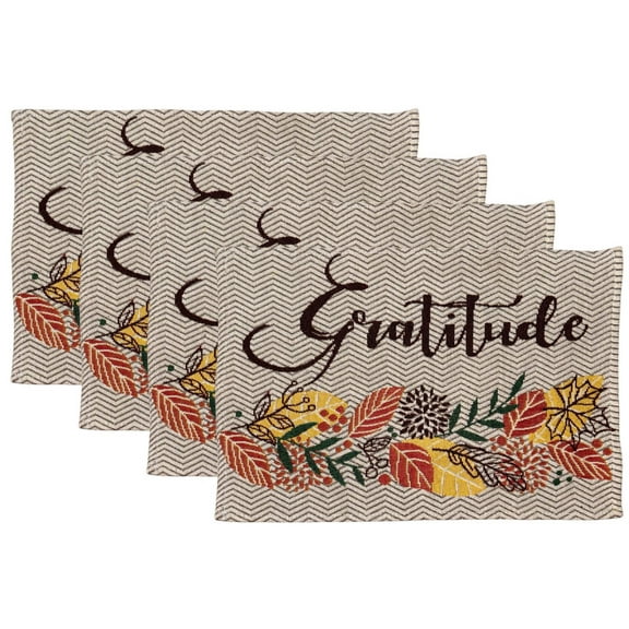 Set of 4, Fall Leaf with Gratitude Harvest Tapestry Placemats for Autumn, Fall, Thanksgiving Kitchen Dining Table Easy to Clean, Machine Washable Size: 13” x 19”.