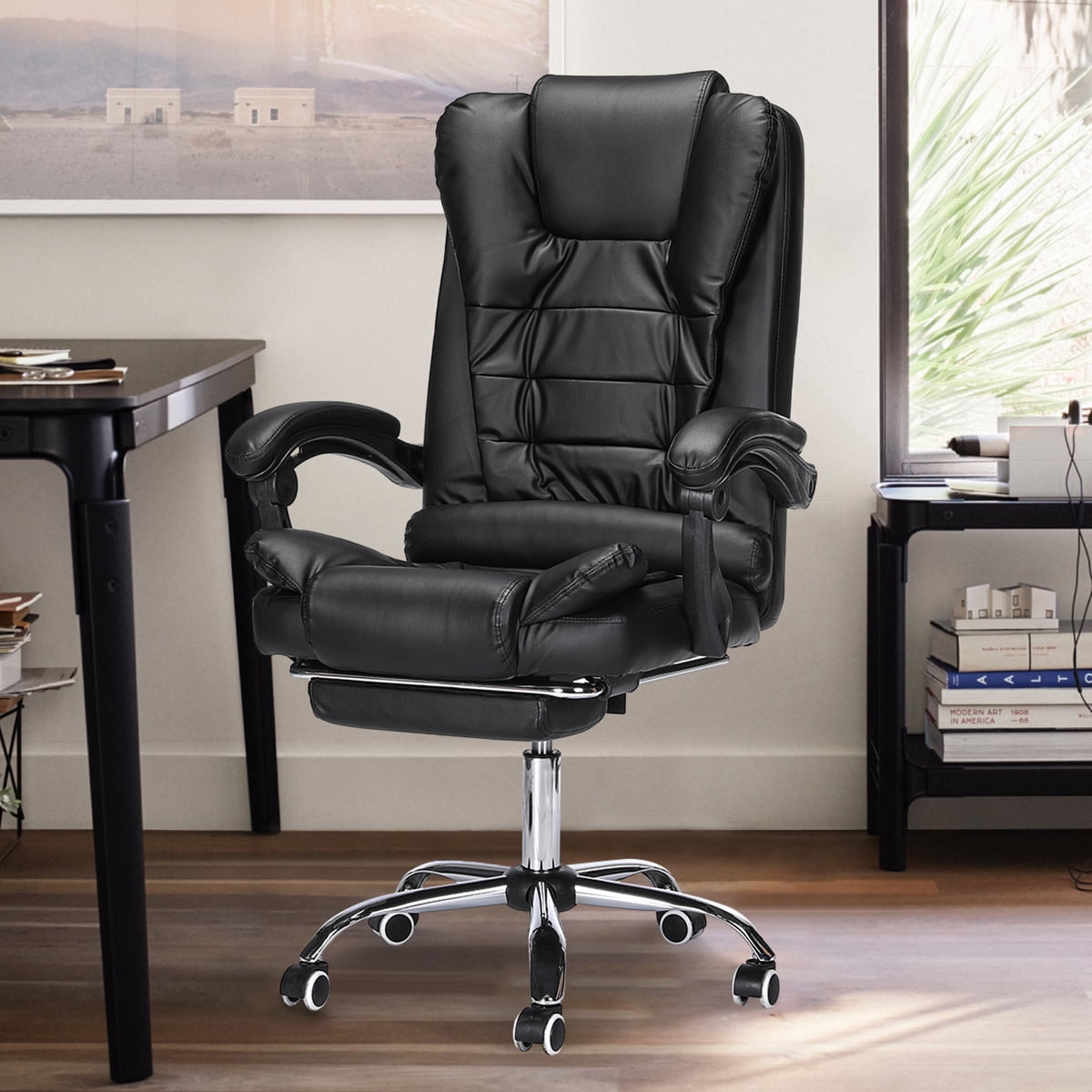 High Back Massaging Black Leather Executive Swivel Office Chair with Silver Base 