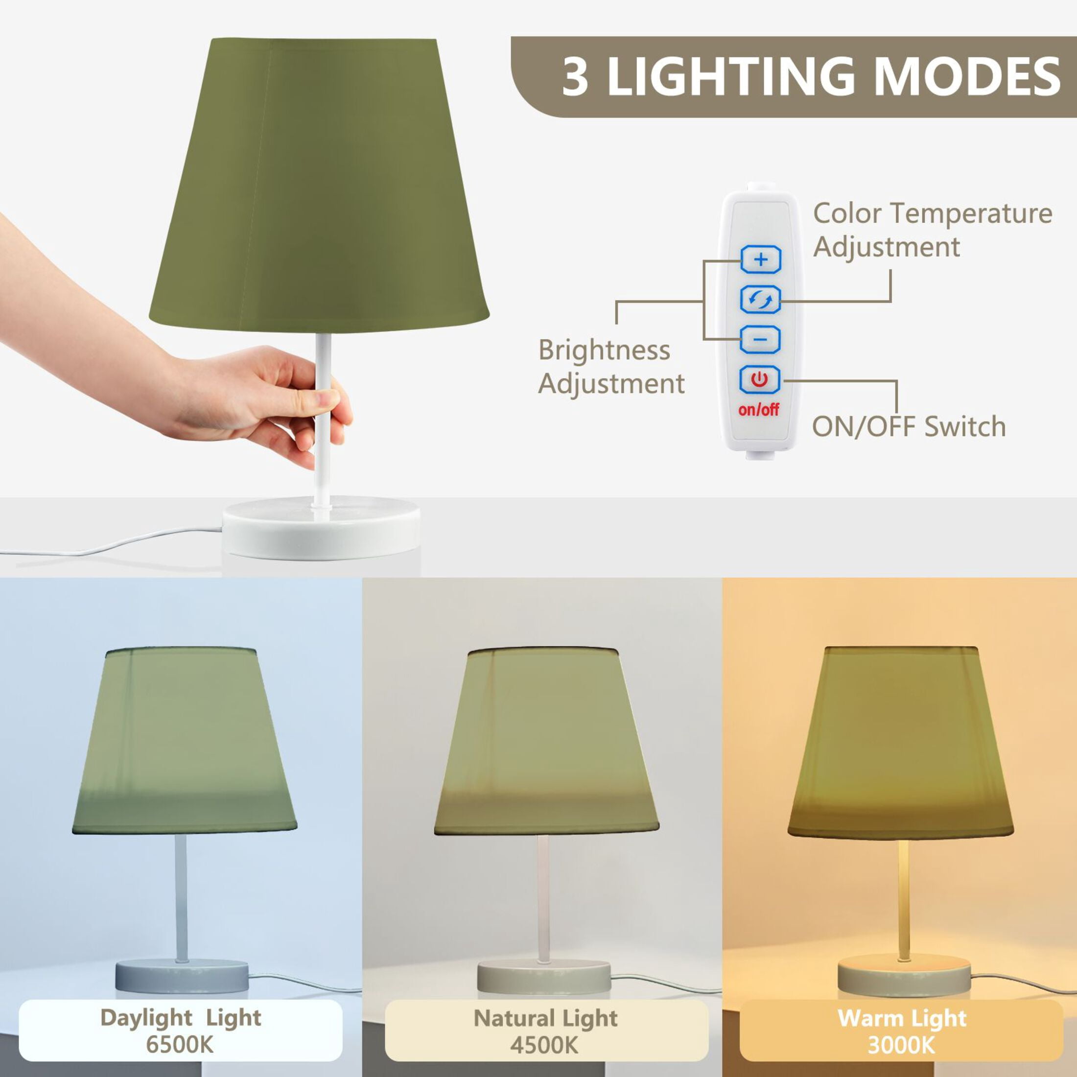 LED Desk Lamp Olive Green Table Nightstand Lamps with 3 Color Temperatures for Home Bedroom Living Room Decor 6x11