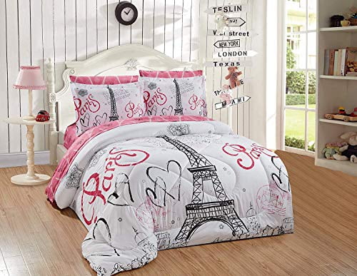 White Black Pink Paris Eiffel Tower Complete Bed Comforter set For Girls/Teens 