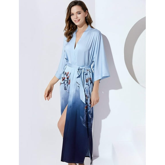 PRODESIGN Long Kimono Robe Satin Sleepwear Gradient Watercolor Silky Kimono Nightgown Bathrobe Kimono Blouse Cardigan