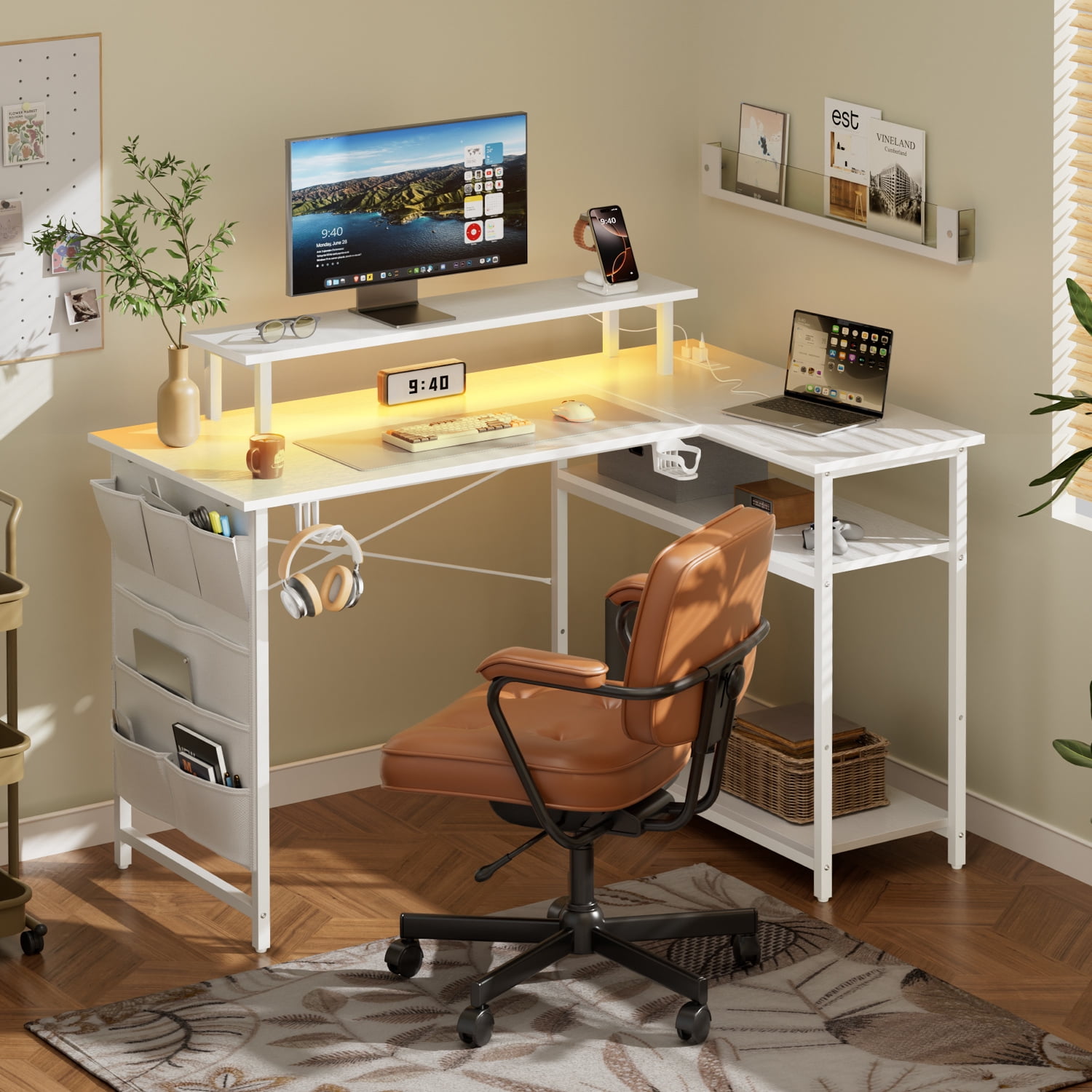 HLDIRECT 43 Inch L Shaped Computer Desk with Power Outlet, Gaming Corner Desk with LED Lights, Home Office Table with Storage Shelves & Monitor Stand, White