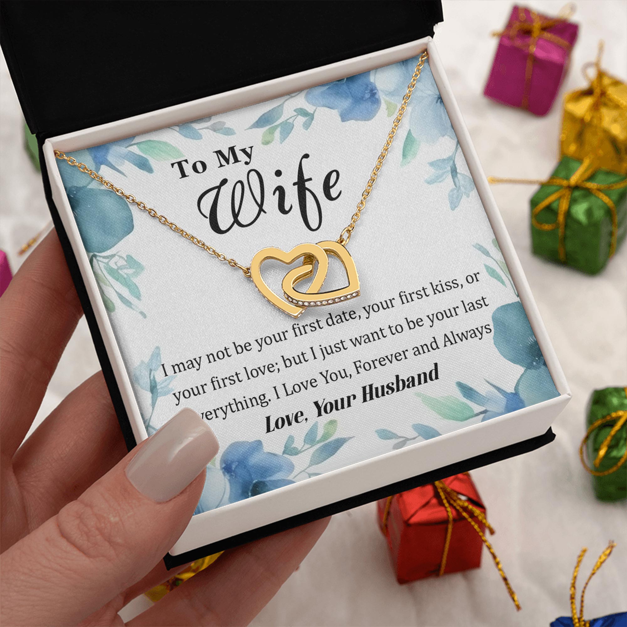 To My Wife Necklace From Husband, Interlocking Hearts Jewelry Gift With Blue Floral Art, Romantic Anniversary Or Birthday Present For Wife, Forever Love Valentine’s Day Gift