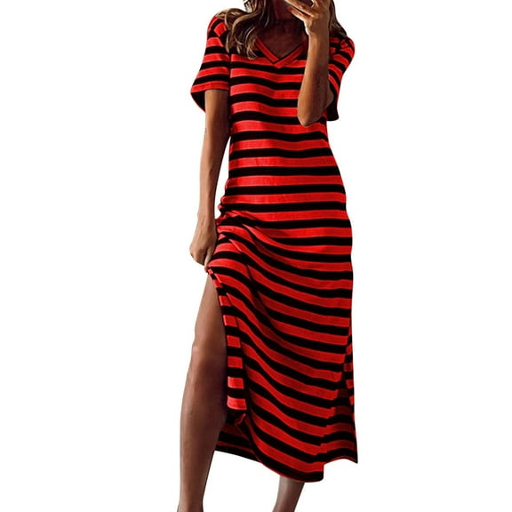VSSSJ Women's Casual Loose Striped Printed Tshirt Long Dresses Short Sleeve V Neck Side Split Swing Maxi Summer Beach Sun Dress
