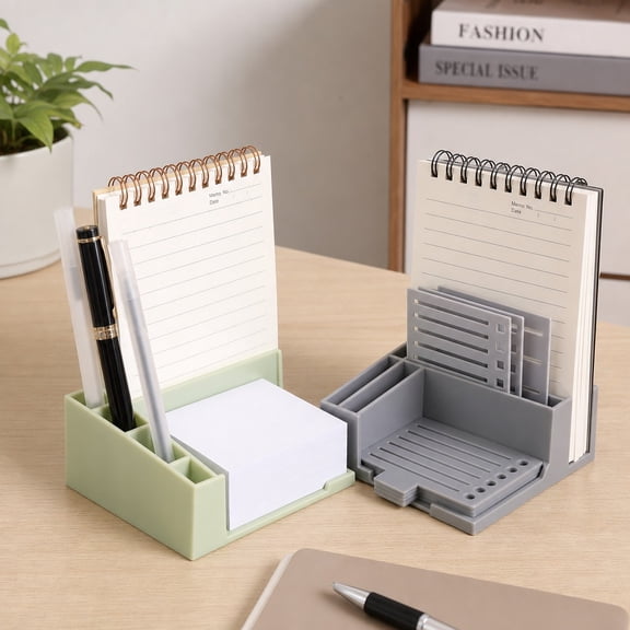 Sticky Note Organizer Holder Set of 2, Desktop Dispenser for 3x3 and 4x4 Pads with Pen Slot, Green Gray