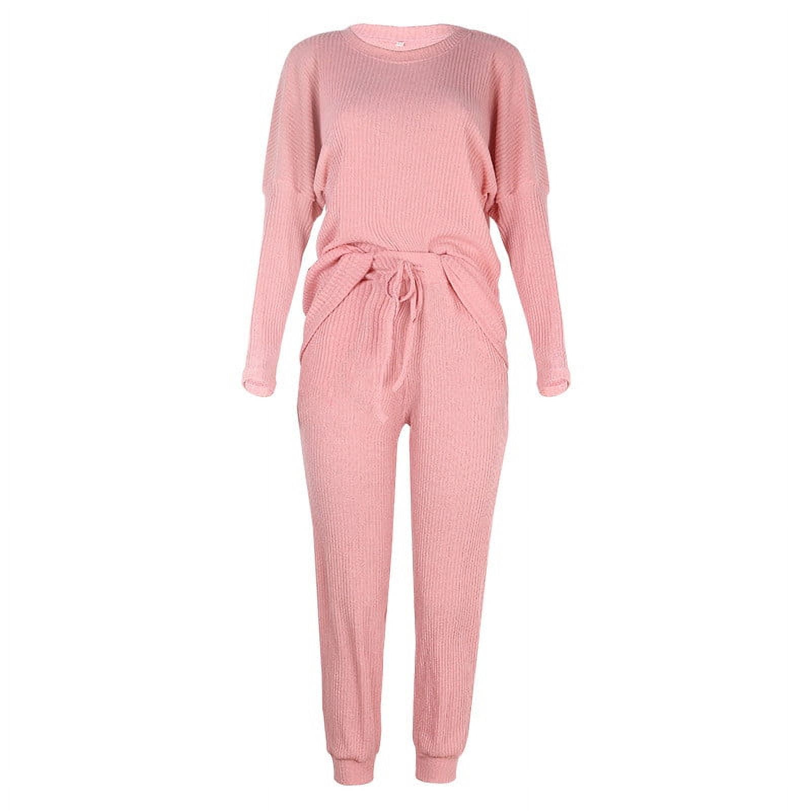 Two Piece Pants Set for Women Casual Plus New Ribbed Knit Lounge Sets for Women 2 Piece Pajamas Long Sleeve Pullover Tops and Joggers Pants Sleepwear Pinky 4XL