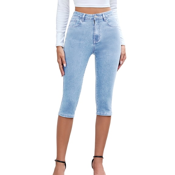 Women Jeans Trendy High Waisted Slim Fit Stretch Denim Jeans Light Blue S