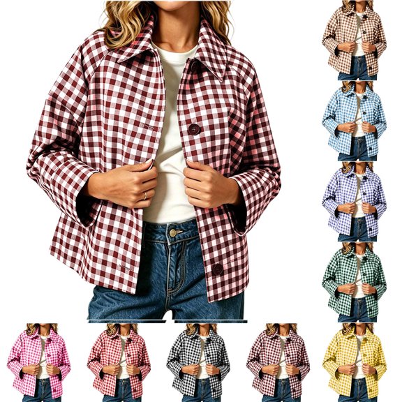 Chiccall Women’s Cropped Plaid Shacket, Loose‑Fit Lapel Long‑Sleeve Button‑Down Jacket With Side Pockets, Casual Lightweight Outerwear Purple 2XL