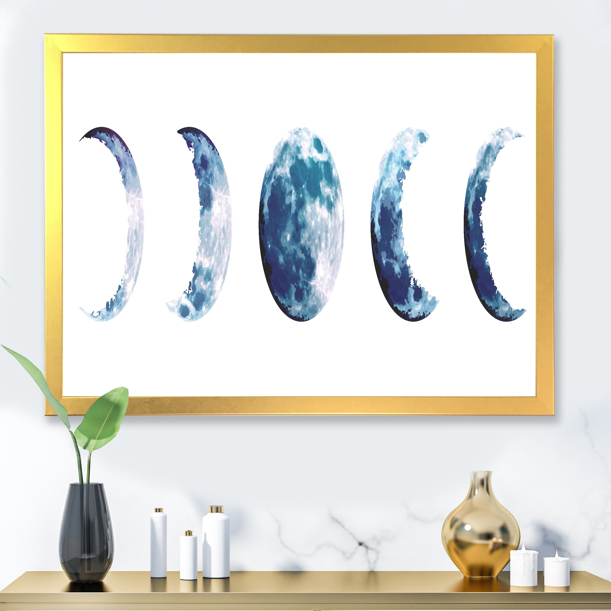 Designart 'Magic Blue Moon Phases On White' Bohemian & Eclectic Framed Art Print