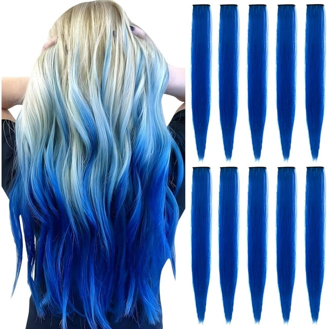 LAICAIW Rallonges de Cheveux Colorées de 22 Pouces, Postiche Lisse, Mèches de Fête Multicolores à Clipser, Rallonges de Cheveux Synthétiques (10 Pcs Bleu)