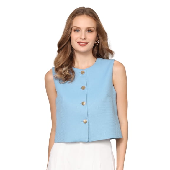 DARING DIVA Women's Button Down Sleeveless Tweed Dressy Vest Top S Light Blue
