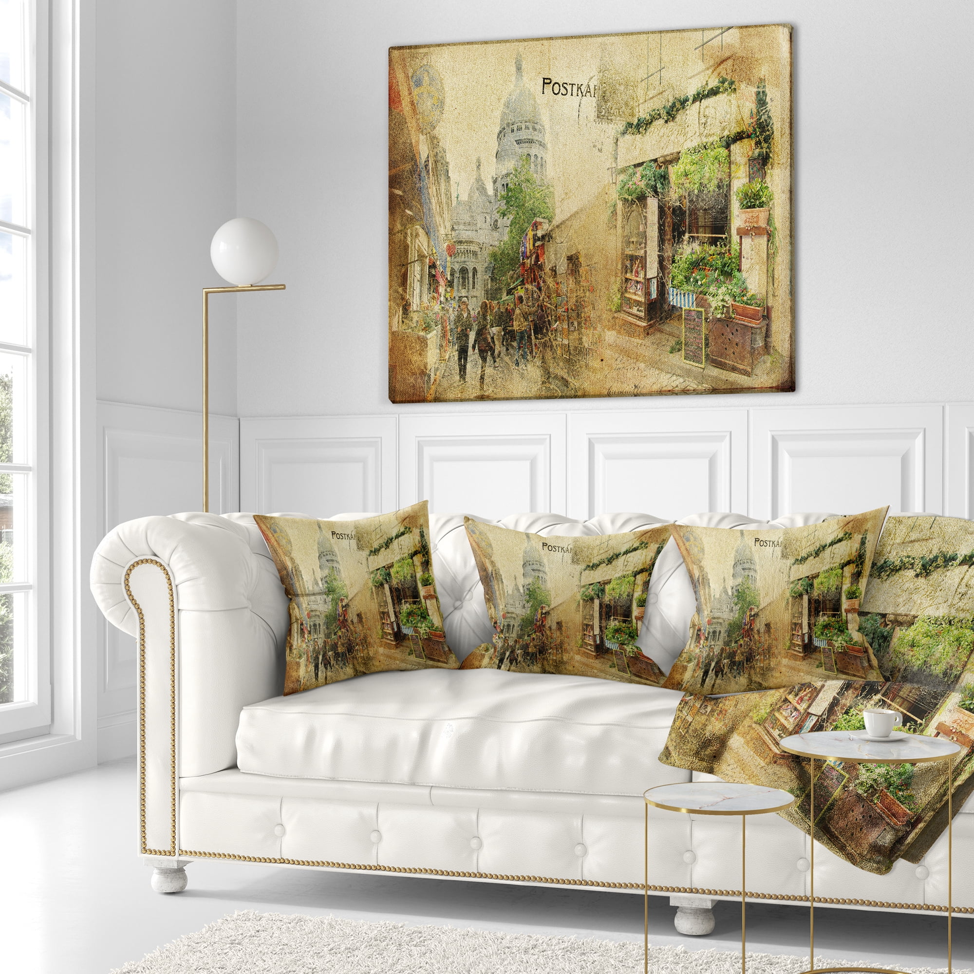 Designart Vintage Parisian Cards - Contemporary Throw Pillow - 18x18