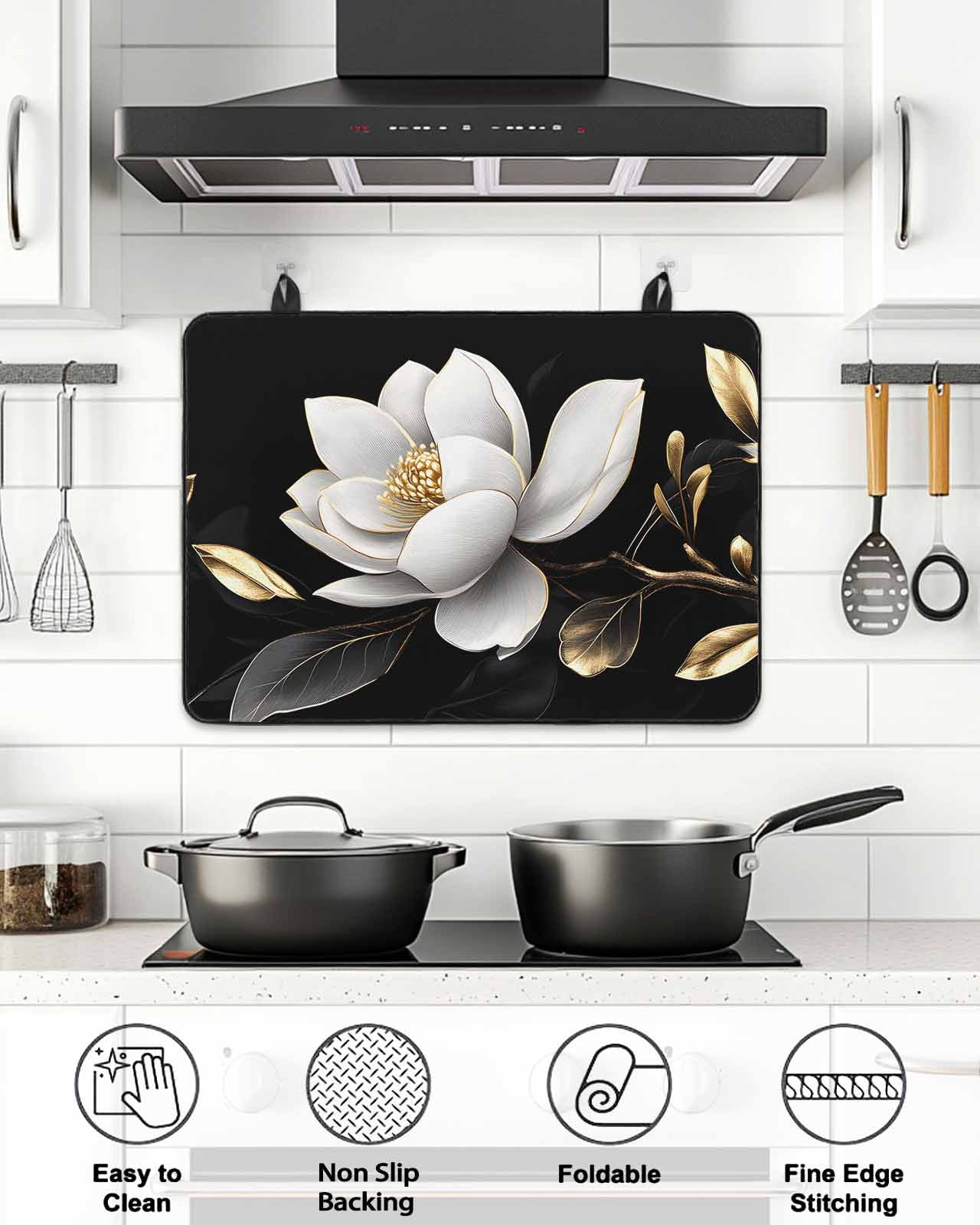 Stove Top Covers for Electric Stove, Gorgeous Flowers Glass Stovetop Cover Protector, White Gold Floral Botanicals Black Induction Cooktop Protector Oven Mat for Kitchen Countertop 24"x21"