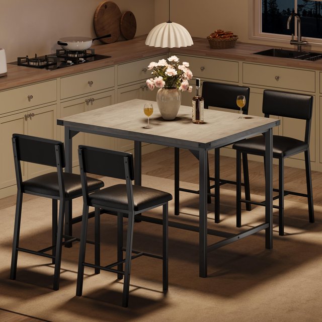 GloryStar Dining Table Set for 4 w/Counter Height Table & 4 Upholstered Bar Stools, 5-Piece Kitchen Table Set with Footrest & Corner Protector, for Kitchen Room, Apartment