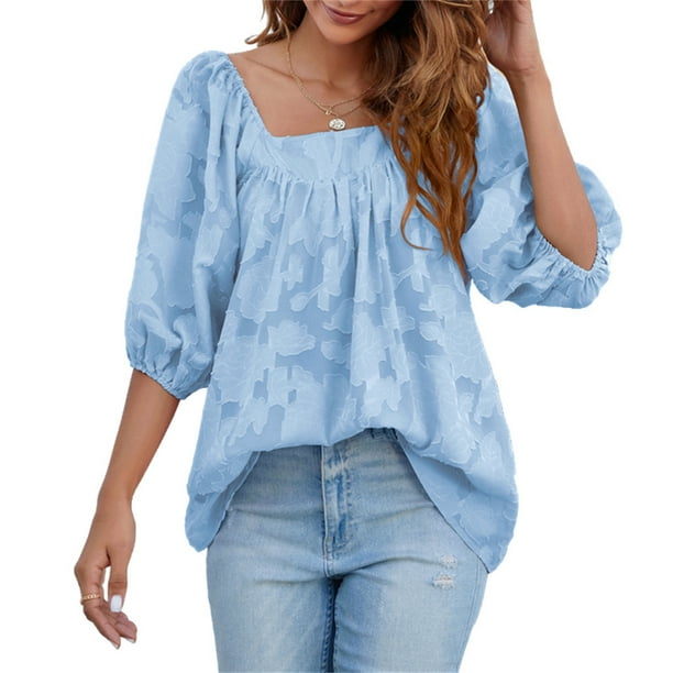 Jumpingount Blusa de manga corta para mujer, camisa plisada con huecos florales, Club, baile, playa, vacaciones, viajes, ropa básica de verano para mujer Prendas para la parte del cuerpo Azul XL Jumpingount AP011098-24