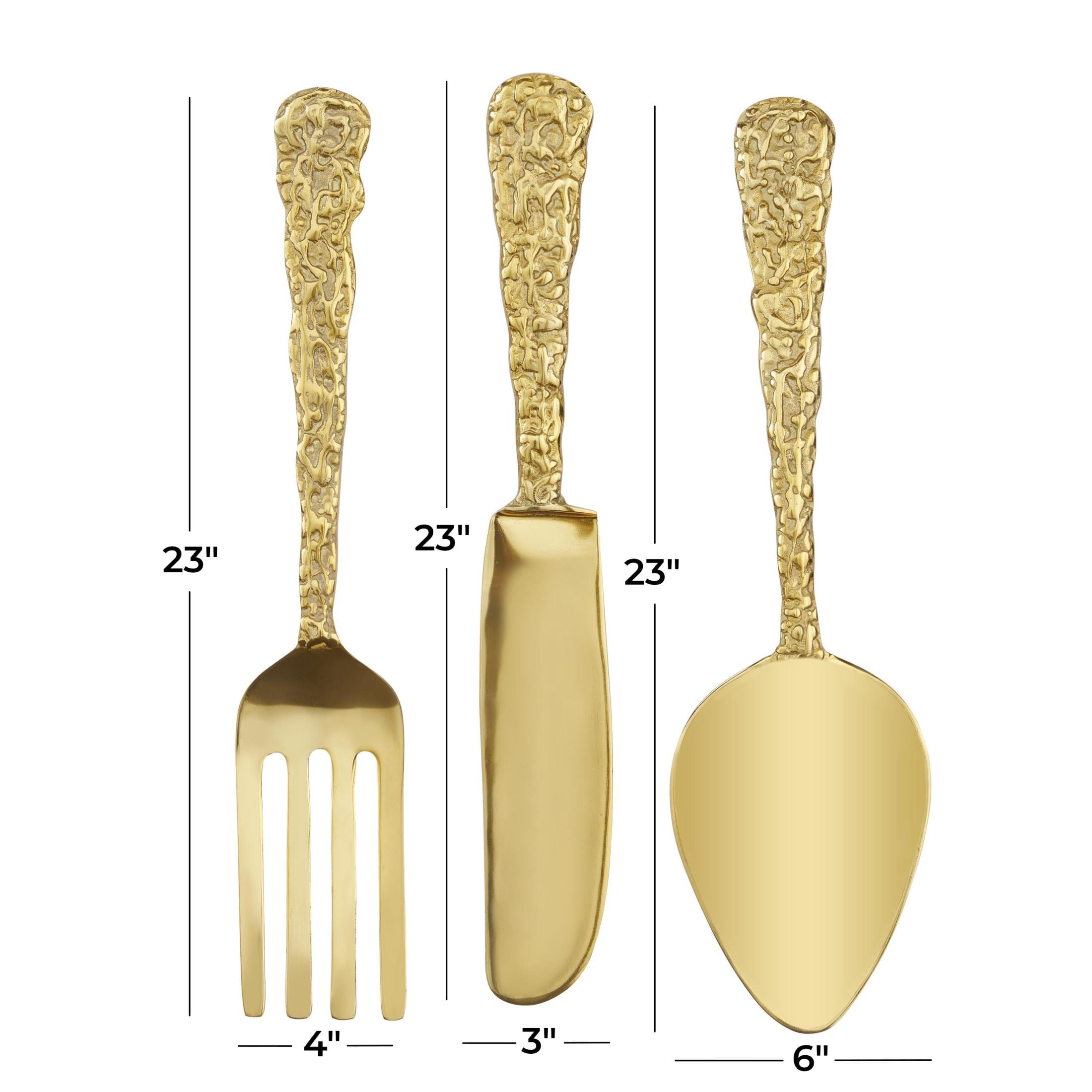 DecMode Gold Aluminum Metal Knife, Spoon and Fork Utensils Wall Decor (3 Count)
