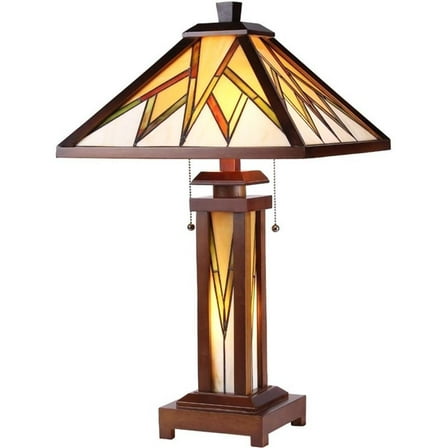 Pemberly Row Tiffany Mission 3 Light Double Lit Wooden Table Lamp 15" Shade