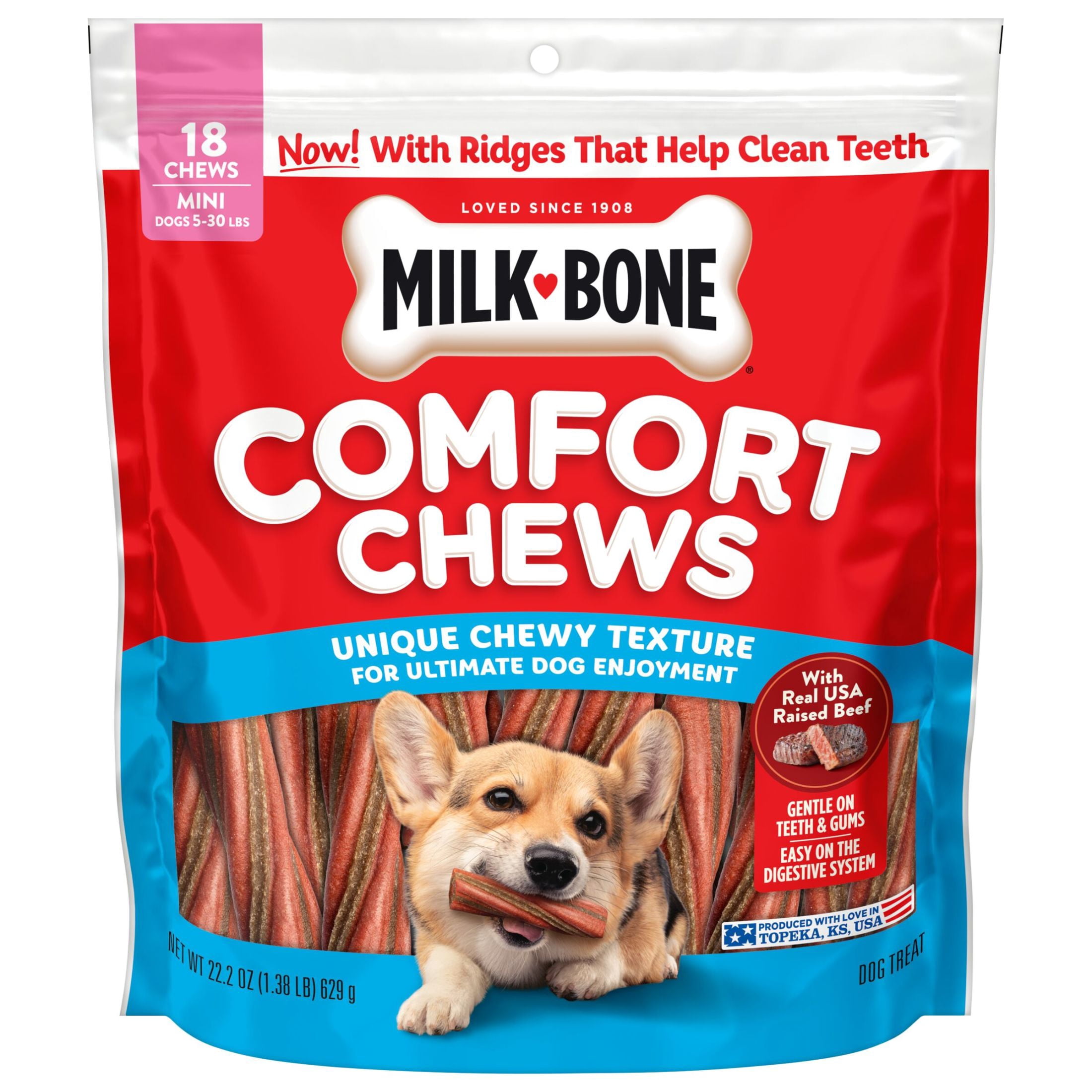 (4 pack) Milk Bone Comfort Chews, Mini Dog Chews with Unique Chewy Texture and Real Beef, 22.2 oz Bag (18 Chews)