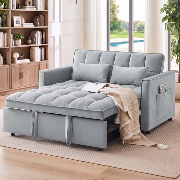 ShiKeyi 54" Corduroy Convertible Sofa Bed, 3 in 1 Pull Out Sleeper Sofa, Loveseat Couch with Storage Pocket, Light Gray