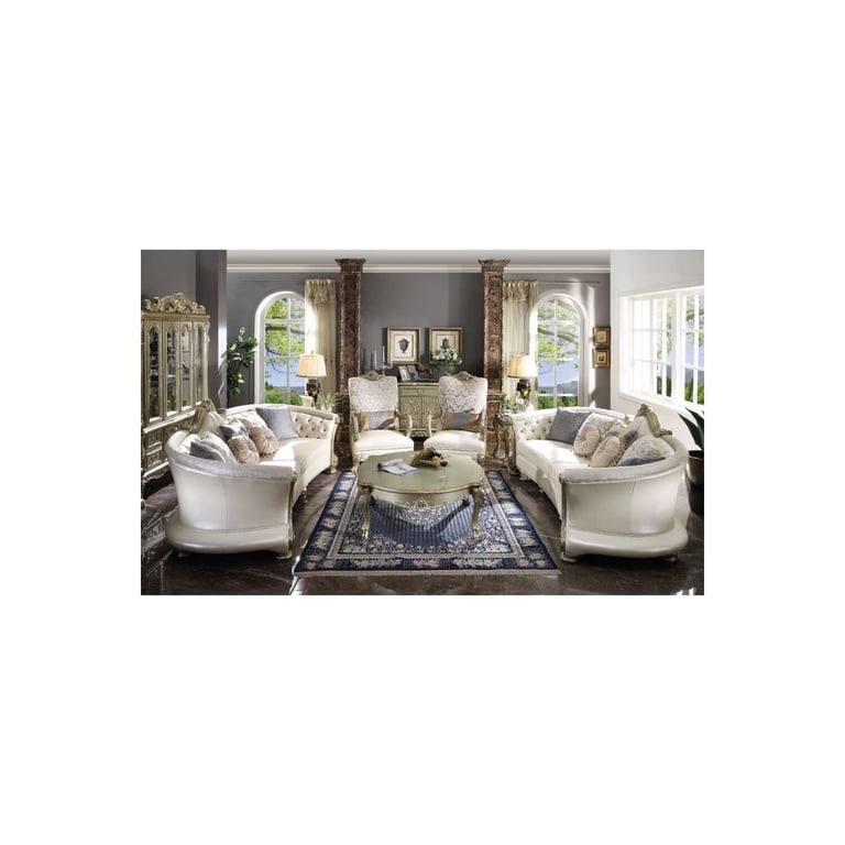 ACME Dresden II Faux Leather Tufted Rolled Arm Sofa with 7 Pillows in Pearl