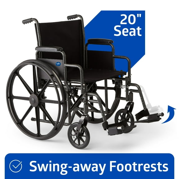 Medline Wheelchair with Swing-Back Desk Arms, Swing-Away Footrests, 20-In Seat, Foldable, 300 lb Weight Capacity, Black