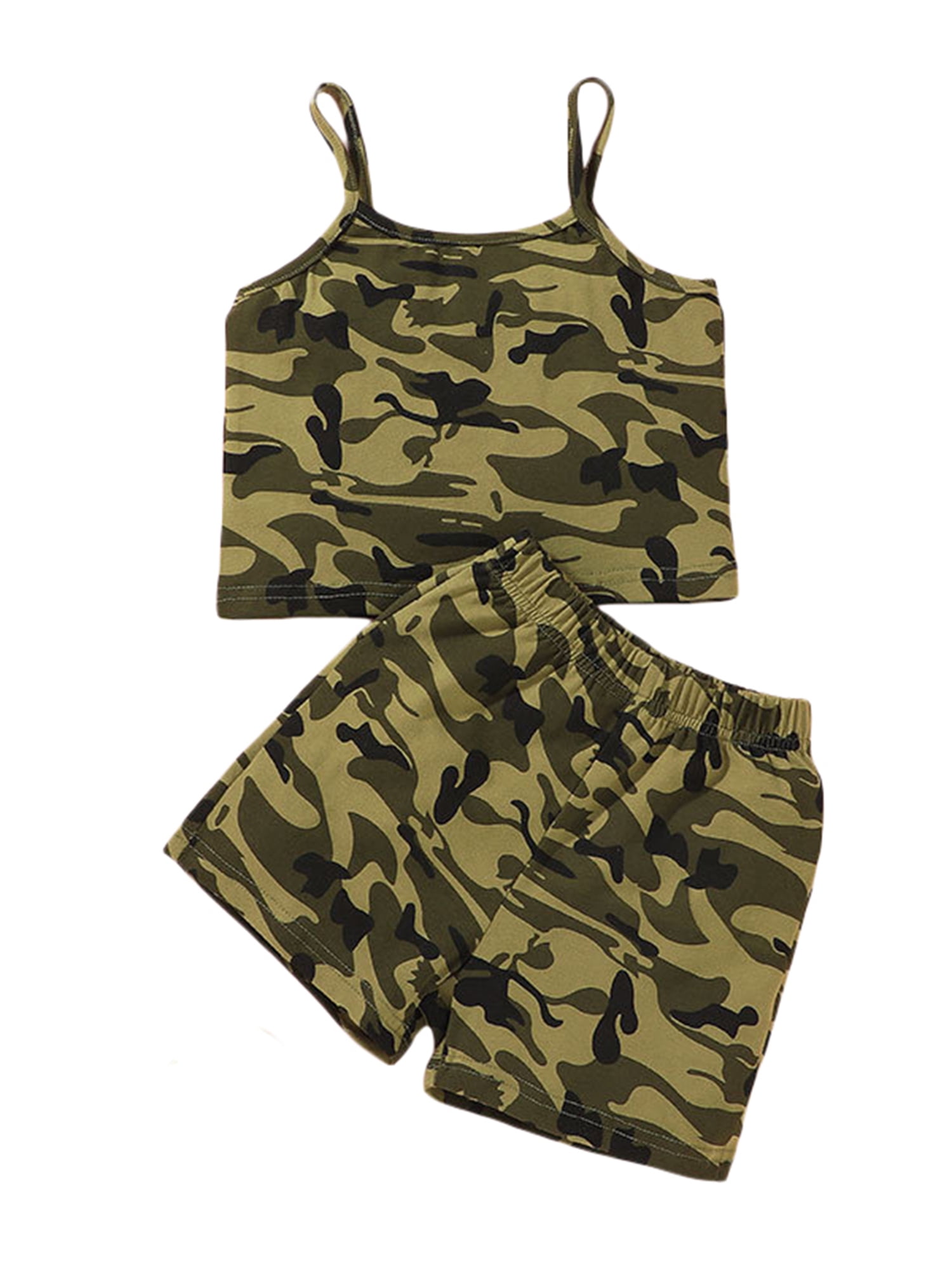 JYYYBF 2Pcs Girls Summer Outfit, Camouflage Spaghetti Strap Sleeveless Crop  Tops + Elastic Waist Shorts Army Green 2-3 Years 