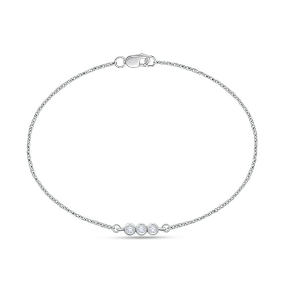 3-Stone Bracelet For Women | 2MM Round Lab Grown Diamond Stackable Cable Link Chain Bracelets | 14K White Gold Over Sterling Silver Jewelry Gifts For Her (0.10 Cttw) 6.00"