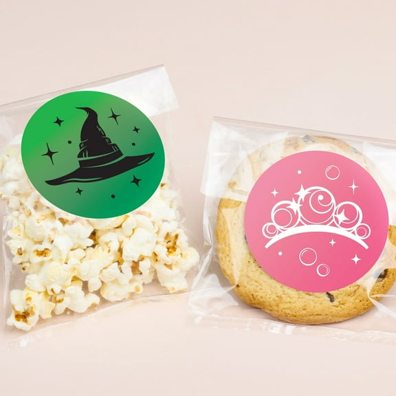 Big Dot of Happiness Pink & Green Witch Stickers and Clear Cookie Bags, Cellophane Treat Bags 4.25x7 Inches, Birthday or Halloween Favor Gifts - 25 Ct