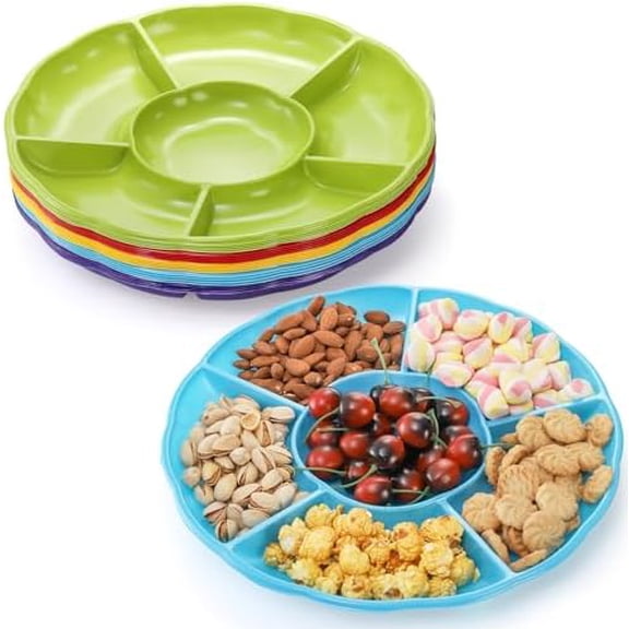 20 Pack Disposable Plastic Appetizer Serving Platter, 12 Inch 6 Sectional Divided Snack Nut Candy Veggie Fruit Dish Serving Platter Divided Food Tray