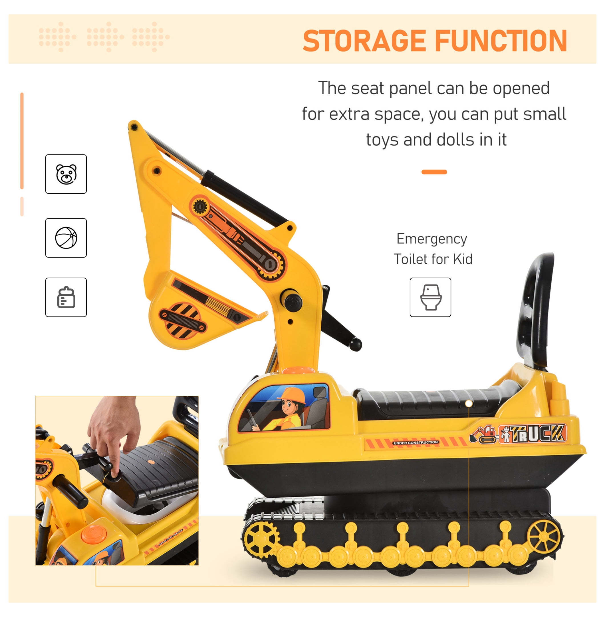 NO POWER Ride On Excavator Toy Tractors Digger Movable Scooter Walker Pretend Play Toddler Construction Truck Basket Storage For Boys Girls 3 Years Old Yellow Black Yellow + Polypropylene