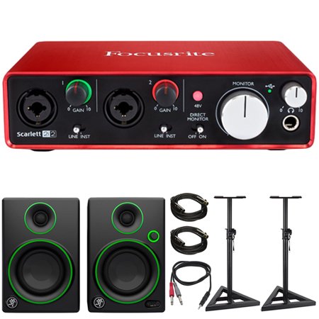 Focusrite Scarlett 2i2 USB Audio Interface (2nd Gen) With Pro Tools and More w/ Speaker Bundle Includes, Mackie CR Series CR3 Multimedia Monitors (Pair), 2x Deco Mount PA Speaker Stand and