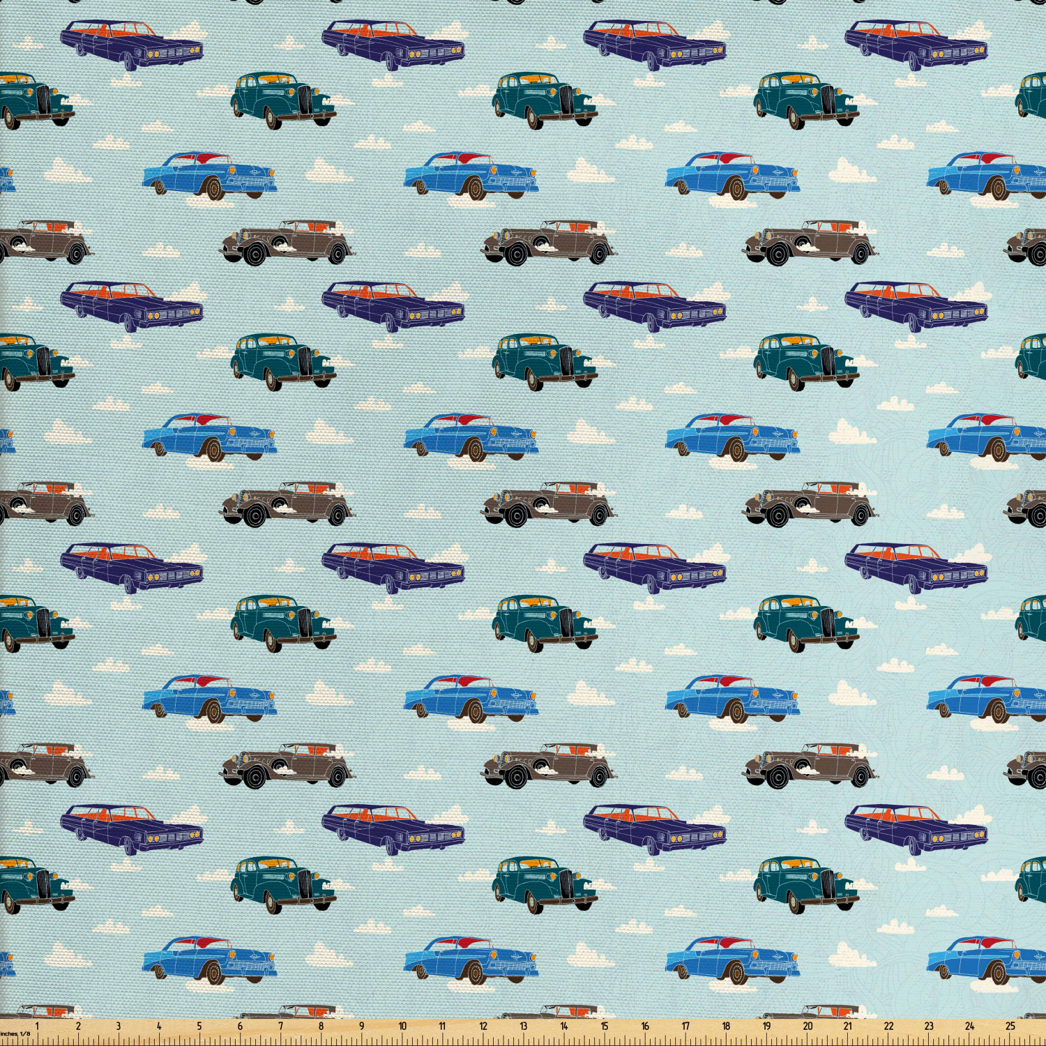 Cars Fabric by The Yard, Absurd Design with Vintage Cars in the Air