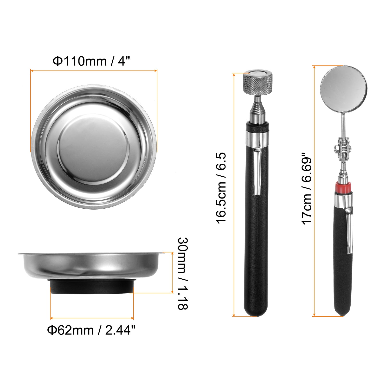 Uxcell Round Magnetic Tray Set 4" x 1.18" Magnet Tool Tray Parts Holder with Telescoping Stick and Pick-up Tool