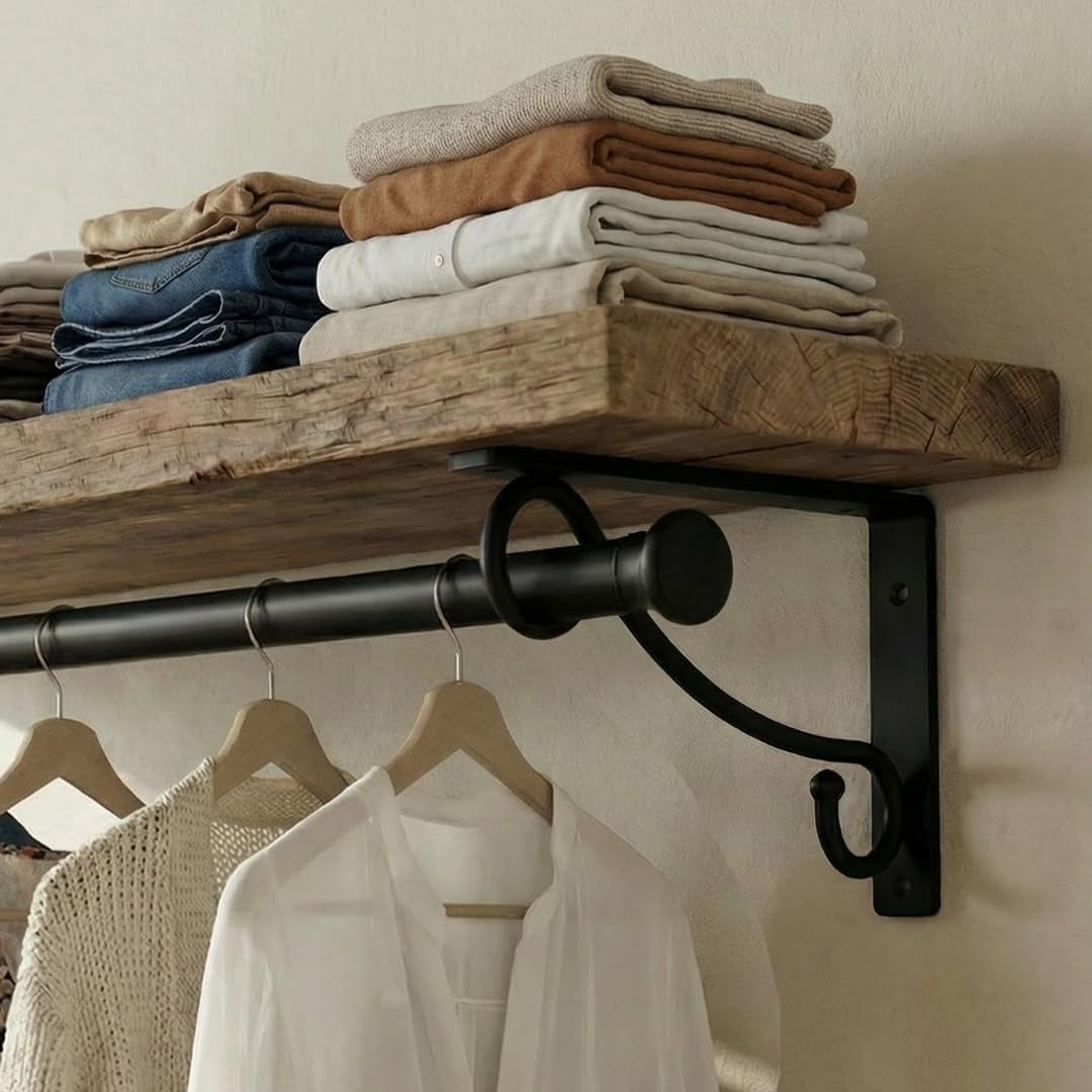 Closet Rod Bracket, Hook Shelf Bracket Heavy Duty Wall Mounted, Black Closet Rod Support Brackets for Curtains, Hanging Hook Kitchen, Shelf Supports (2 Pack) (Black Double, 12 Inch)