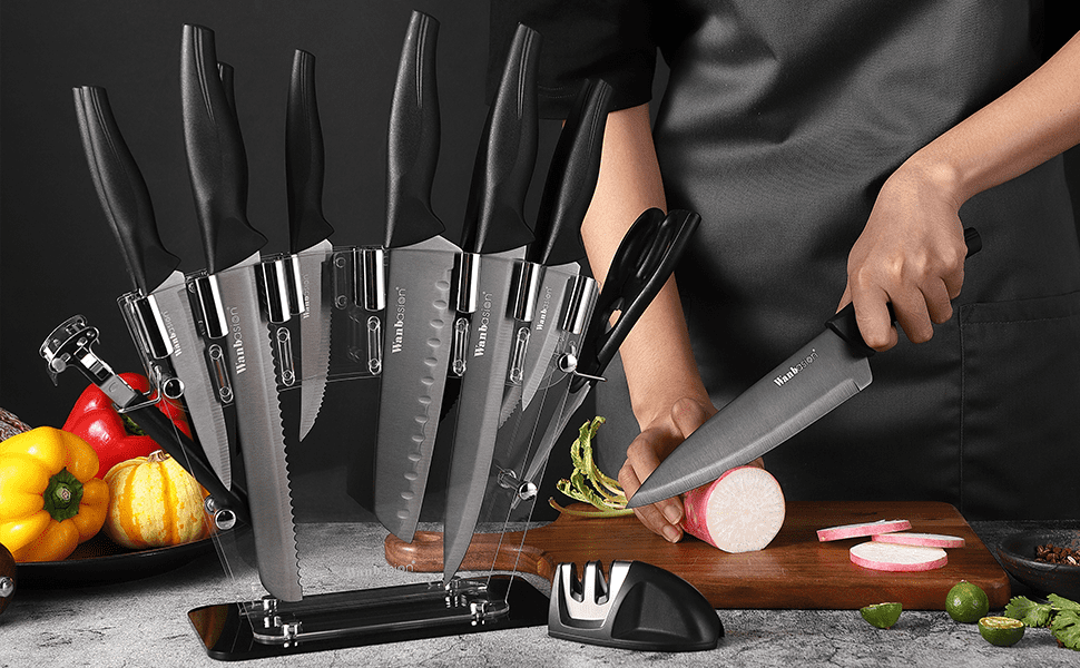  Wanbasion 16 Pieces Dishwasher Safe Professional Chef Kitchen Knife  Set, Stainless Steel with Knife Sharpener Peeler Scissors Acrylic Block:  Home & Kitchen