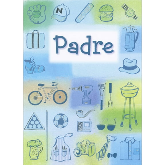 Designer Greetings Small Images in Green and Blue Sections: Glove, Hat, Remote Spanish Father's Day Card for Father