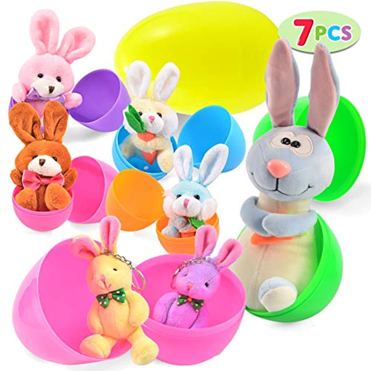 Pre-Filled Easter Eggs with Plush Bunny, Jumbo 7â Bright Colorful Easter Eggs Prefilled with