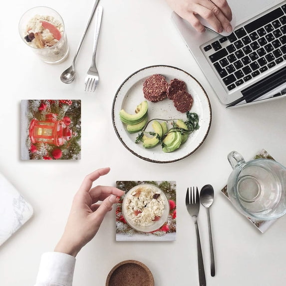 FMSHPON Merry Christmas Decor Xmas Bell Set of 6 Coaster for Drinks, Absorbent Ceramic Stone Coasters Cup Mat with Cork Base for Home Kitchen Room Coffee Table Bar Decor