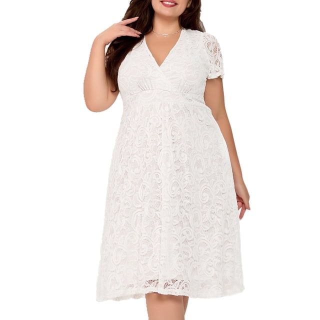 Staron Robes Décontractées pour Femmes en Liquidation à Moins de 10 $ Grande Taille Taille Haute Robe d'Été Décontractée Manches Courtes Col en V Croisé Dentelle Robe de Soirée Blanche TTTG