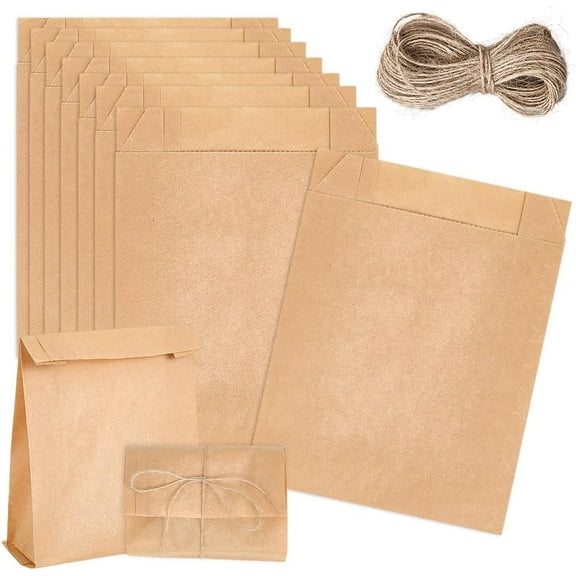 50Pcs 6 x 7.5 Inch Kraft Paper Cookie Bags Grease Resistant Food Bags with Jute Cord Rectangle Blank Peru Sandwich French Fries Lunch Paper Pouches